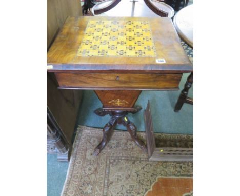 WALNUT VENEERED GAMES COMPENDIUM, folding top with chess board inlaid with satinwood, ebony, mahogany, etc, with a baize line