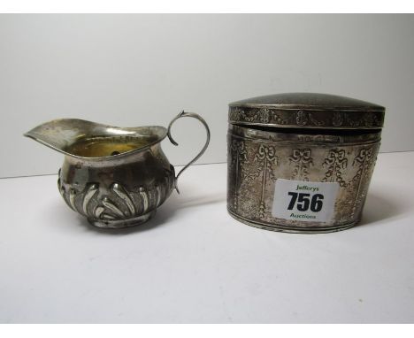 SILVER CADDY, HM silver oval bodied caddy decorated with embossed swag & ribbons, Birmingham 1905 also HM silver fluted base 