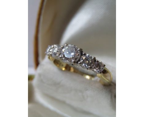 18CT YELLOW GOLD 5 STONE DIAMOND RING, approx 1.5ct, large central diamond with graduated stones to either side of good colou