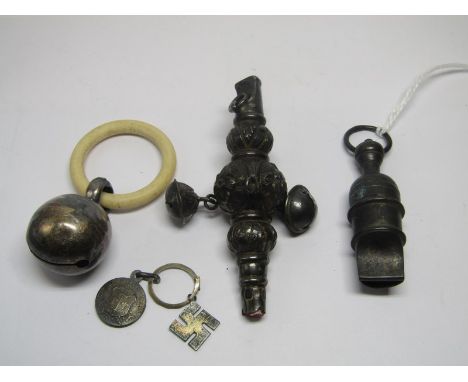 SILVER, teething rattles, silver pendant & a white metal whistle in working condition