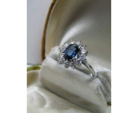 18ct WHITE GOLD SAPPHIRE & DIAMOND CLUSTER, central blue sapphire, approx 1ct, surrounded by 12 brilliant cut diamonds, total