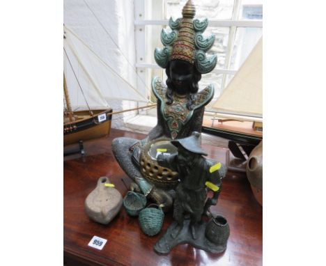 EASTERN PLASTER FIGURE, of a seated woman also an Oriental spelter figure of a fisherman & an archaic Roman style lamp