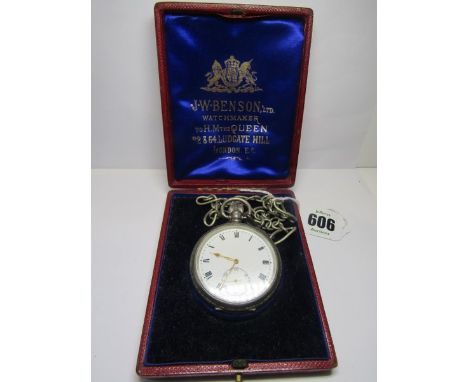 RAILWAY INTEREST: SILVER OPEN FACES POCKET WATCH, on white metal Albert chain, inscription on watch "Presented To J.J.Ashley 