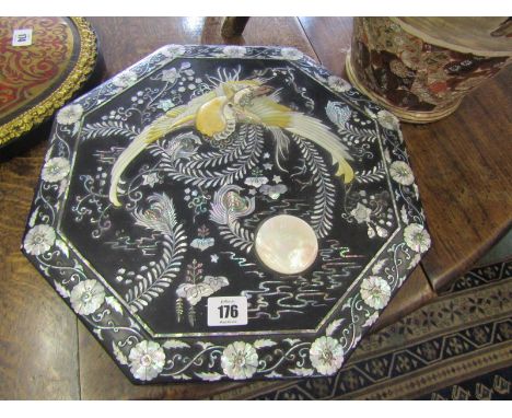 EASTERN LACQUER, octagonal lidded hor d'oeuvres dish with encrusted Mother of Pearl inlaid decoration of Ho-Ho Bird, 14" widt