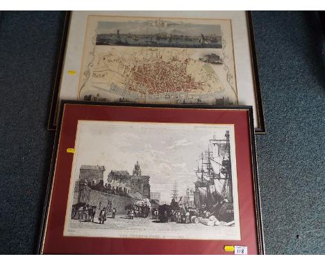 J Rapkin - A 19th century town plan of Liverpool, with vista of Liverpool from Birkenhead, illustrations drawn and engraved b