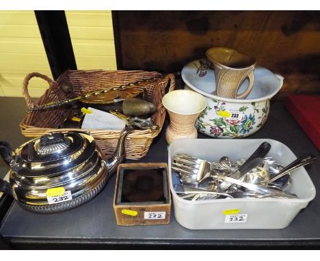 A good mixed lot to include 12 Magic Lantern Tub and Tiger scene slides, silver plated table ware, brass ware, Sylvac vases a