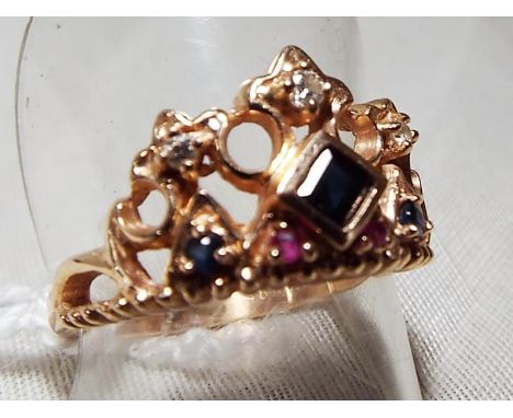 A lady's rose gold sapphire, ruby and diamond dress ring, stamped 585 14 ct, Est £75 - £125