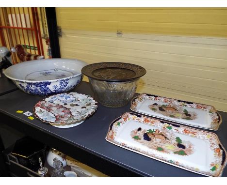A good mixed lot of ceramics and glassware to include large blue and white Burleigh ware wash bowl, an Oriental ceramic cake 