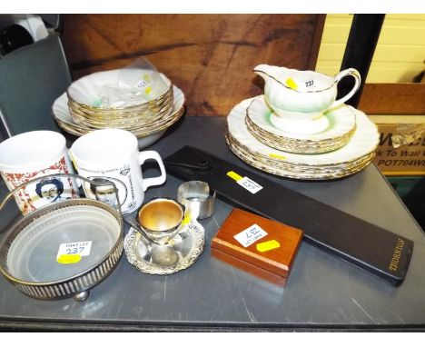 A mixed lot to include J & G Meakin ceramic tableware, a lady's vintage beaded necklace, miniature playing cards, plated ware