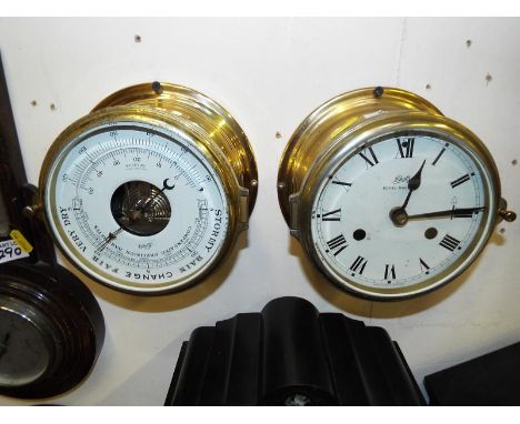 A matched pair of ships clock and barometer/ thermometer, marked Scchatz to the dials, the clock having had a quartz movement
