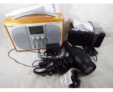 A Pure Evoke - 3 DAB digital radio, with manual , a Gear4 ipod dock and speaker, and a hair dryer (3)