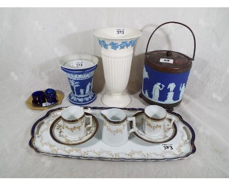 A good mixed lot of ceramics to include a European porcelain serving tray with two coffee cans, saucers and milk jug, Wedgwoo