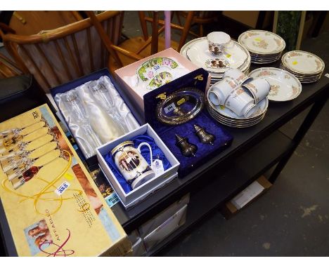 A good mixed lot of Royal commemorative ware, plated cruet set, six Royal Crystal Rock (RCR) wine glasses, boxed and a quanti