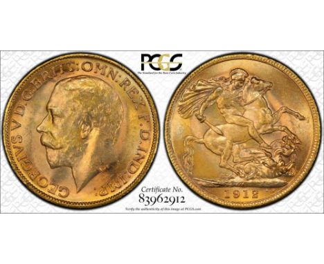 AUSTRALIA. George V, 1910-36. Gold sovereign, 1912 M. Melbourne. Bare head left, B.M. on truncation; GEORGIVS V D. G. BRITT: 