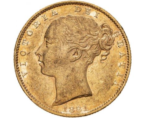 AUSTRALIA. Victoria, 1837-1901. Gold sovereign, 1881 M. Melbourne. Shield. Young head left, WW on truncation; date below; VIC