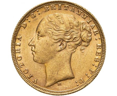 AUSTRALIA. Victoria, 1837-1901. Gold sovereign, 1877 M. Melbourne. St George; Medium Tail. Young head left, WW buried in trun