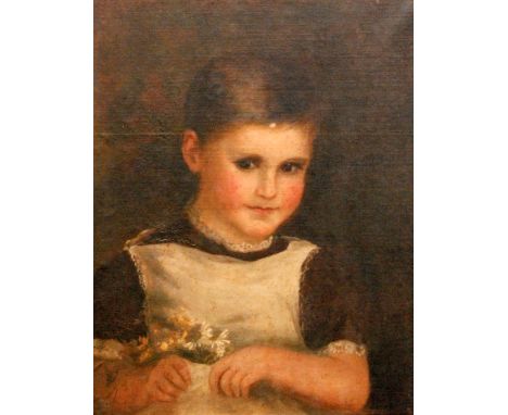 ENGLISH SCHOOL (CIRCA 1900) - Portrait of a little girl holding a bunch of daisies, oil on canvas, framed, 47cm x 37cm 