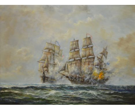 GRAHAM HEDGES (b.1952) - A naval engagement between British and American ships, oil on canvas, signed, framed, 76cm x 101cm 