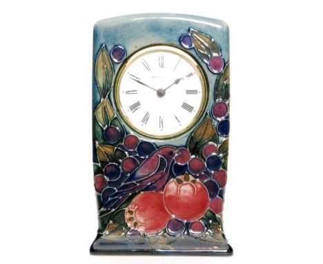 A Moorcroft Pottery mantel clock decorated in the Finches pattern designed by Sally Tuffin, impressed and painted marks, mark