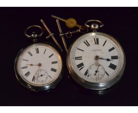 A hallmarked silver key wind pocket watch, the open faced watch with white enamel dial with subsidiary seconds dial, Swiss ma
