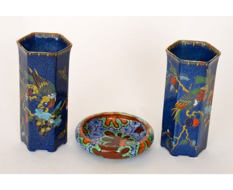 A pair of 1920s Bursley Ware 'Selah' pattern vases, attributed in design to Frederick Rhead, the hexagonal bodies decorated w