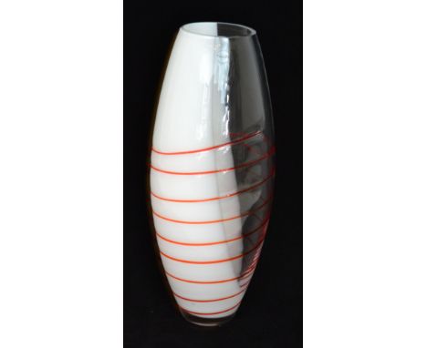 A large contemporary Italian Murano glass vase by Nason, of swollen cylindrical form, decorated with a fine red spiral line o