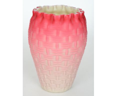 A late 19th Century Stevens & Williams glass vase of ovoid form with a tight frill rim, relief moulded with a basket weave pa