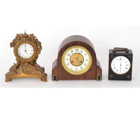 An Art Deco eight day strike arch topped mantle clock, together with two similar mantle clocks. S/D. (3) 