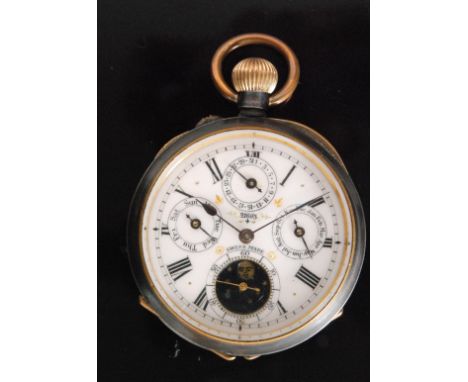 An early 20th Century gun metal Swiss open faced, crown wind, calendar pocket watch, with four subsidiary dials to a white en