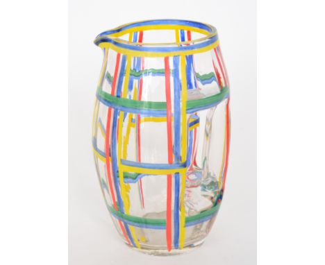 A 1930s water jug after a design by Koloman Moser of barrel form with integral handle enamel decorated with bands of colour t