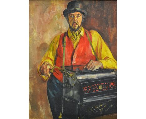 E.GREGORY (LATE 20TH CENTURY) - Portrait of musician with a gavioli organ, oil on canvas, signed, framed, 65cm x 51cm