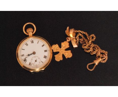 An 18ct lady's crown wind fob watch, Roman numerals to white enamel dial, within plain circular case, together with a 9ct ros