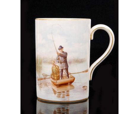 A Royal Crown Derby tankard, the body decorated with a hand tinted scene of two fisherman, indistinctly signed, to the revers