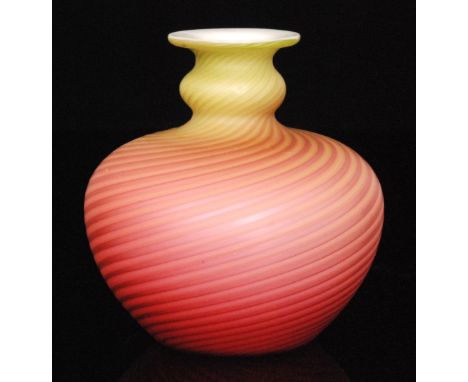 A late 19th Century Stevens & Williams Verre de Soie vase of shouldered ovoid form with swollen collar neck and flat rim, cas