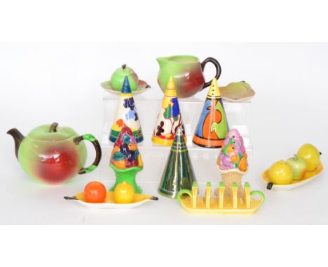 A small collection of assorted Carlton Ware to include a teapot, milk sugar and sugar bowl formed as apples, a banana cruet, 