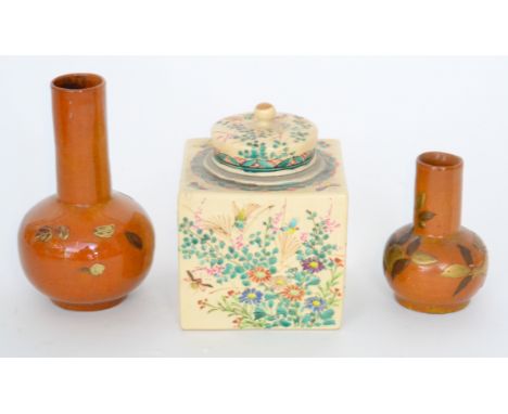 A late 19th Century Japanese cube inkwell decorated to each facia with sprays of flowers and insects, three painted character