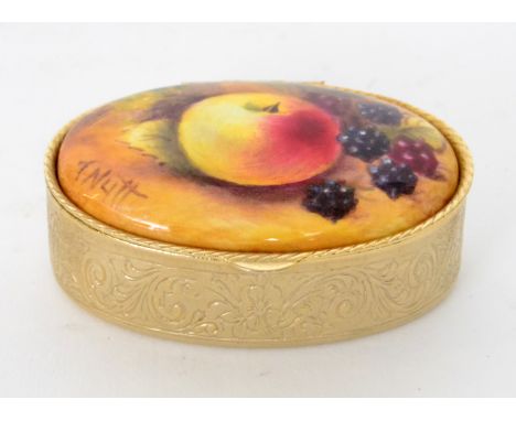 A contemporary oval pill box inset with a hand painted oval tablet depicting an apple and blackberries, painted by former Roy