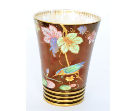 A 1930s Carlton Ware Art Deco barrel vase decorated in the Kingfisher pattern with an enamel bird perched upon a branch again