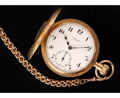 A George V 9ct gentleman's keyless crown wind half hunter pocket watch, the white enamel dial with Arabic numerals and subsid