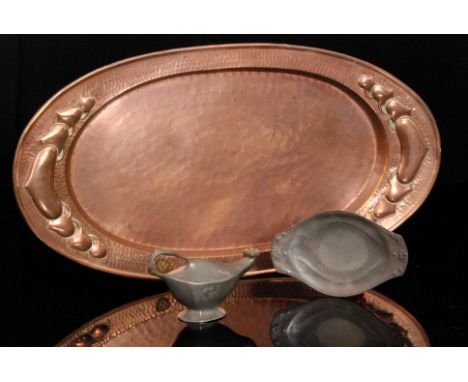 An Art Nouveau oval copper serving tray width 56cm together with a pewter Kayserzinn pewter lamp and stand (3)