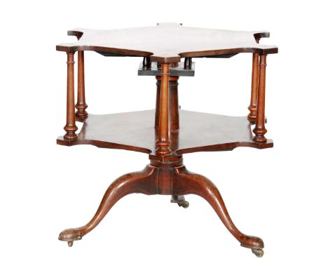 A mahogany revolving two tier dumb-waiter of canted circular form, raised to a birdcage style pedestal and tripod base, later