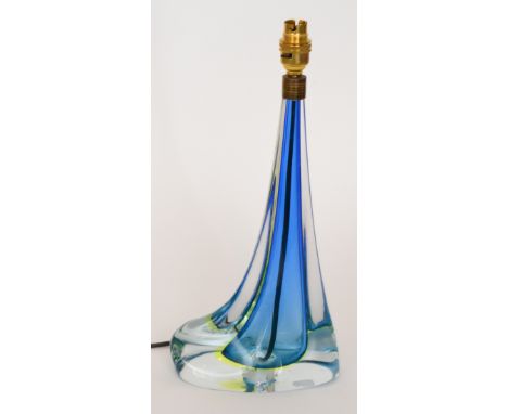 A post-war Italian Murano Sommerso glass table lamp of asymmetrical form with drawn tapered column, cased in clear crystal ov