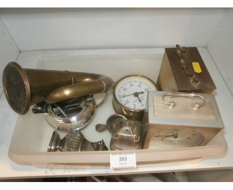 box of metalware including salt and pepper & bugle