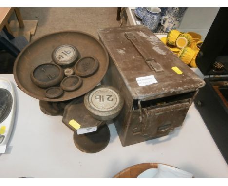vintage scales with weights and ammo box