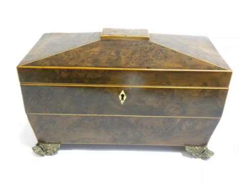AN EARLY 19TH CENTURY YEW WOOD, BURR YEW WOOD AND LINE INLAID TEA CADDY WITH FITTED INTERIOR AND BRASS MOUNTS