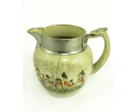 A COMMEMORATIVE PEARLWARE JUG TRANSFER AND ENAMELLED WITH SATIRICAL SCENES OF MURAT REVIEWING THE GRAND ARMY AND BONEY TIRD O