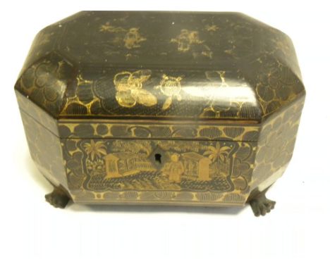 A CHINESE EXPORT BLACK AND GOLD LACQUER TEA CADDY WITH PEWTER CANISTERS, MID 19TH CENTURY