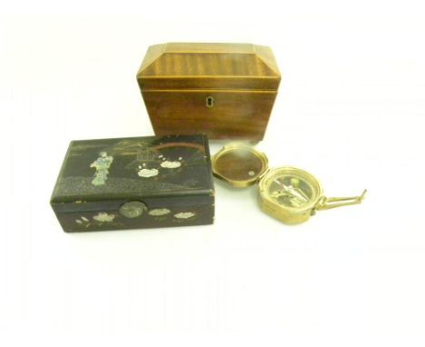 A VICTORIAN AND LINE INLAID TEA CADDY, A JAPANESE LACQUER BOX AND A REPRODUCTION BRASS COMPASS