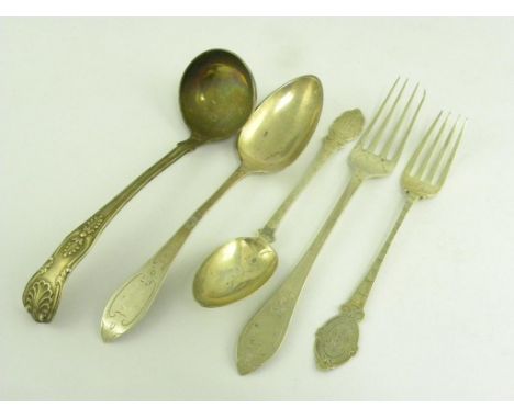 TWO PAIRS OF VICTORIAN SILVER CHILDREN'S SPOONS AND FORKS, BOTH ENGRAVED, LONDON AND BIRMINGHAM, 1881 AND 1966 RESPECTIVELY A