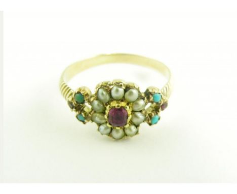 AN EARLY VICTORIAN RUBY, TURQUOISE AND SPLIT PEARL CLUSTER RING IN GOLD, 2.1G